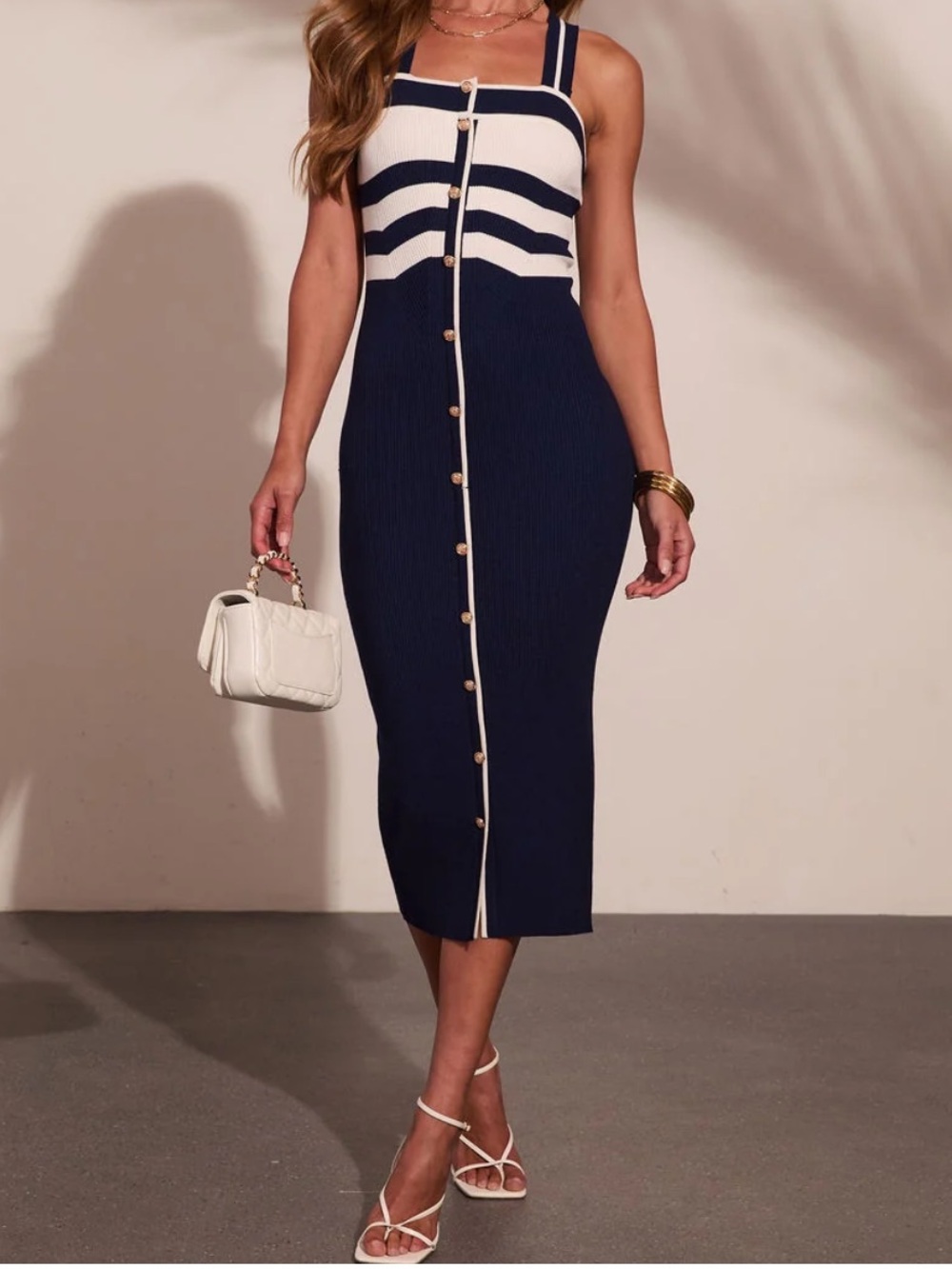 Sunlit Harbor Navy Midi Dress brand new